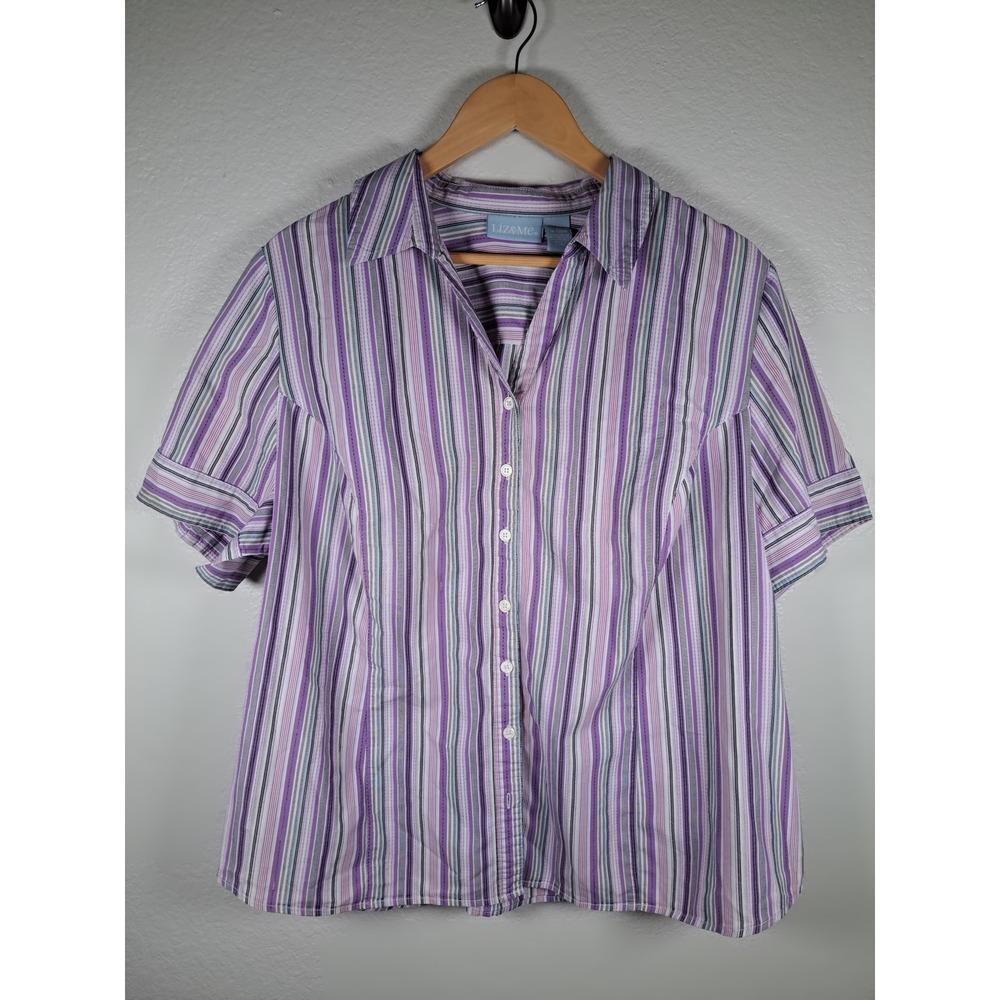 Liz & Me Womens 1X 18/20W Purple Striped Short Sleeve Button Down Shirt